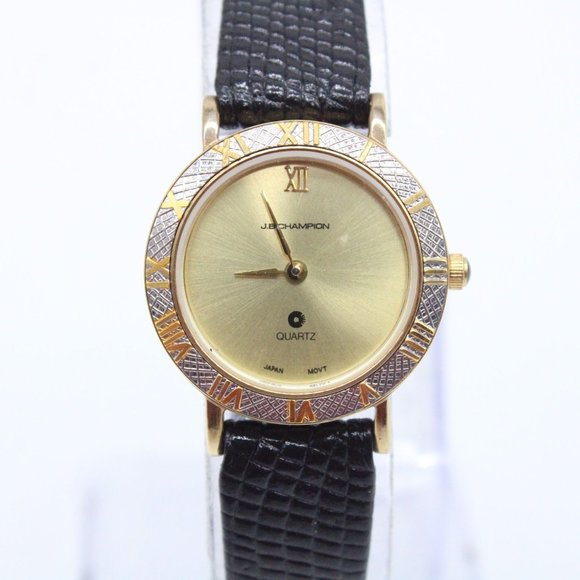 J.B Champion Watch Womens Gold Tone Stainless Steel Classic Black Leather Band - Picture 3 of 6